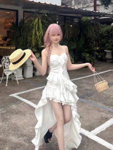 1ND Studios Multi-Layer Ruffles Asymmetrical Trailing Skirt Elegant Niche Design Sling Dress