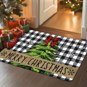 VIKAMA Buffalo Plaid Christmas Tree Doormat Washable Non Slip Indoor Outdoor Entrance Mat Xmas Holiday Home Decor