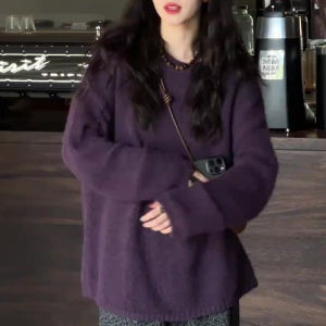 UYFY | Loose Long Sleeve Knitted Sweater Womens Purple Round Neck Autumn New Style Plus Size Comfortable Overhead Versatile Trendy Top