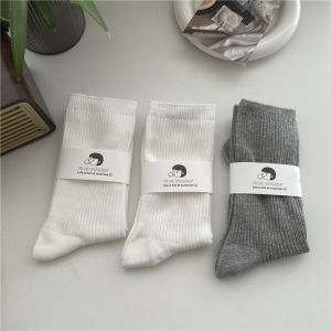 Spring & Fall Dark Gray Tube Socks Womens Pure Cotton Japanese Style Strip Bunching Socks Korean Simple Versatile with Loafers
