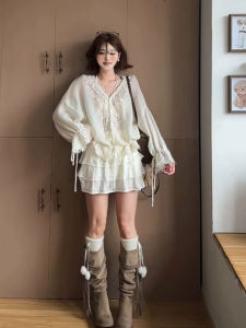 CHANGTONG | French Style Elegant V-Neck Lace Flared Sleeve Sweater