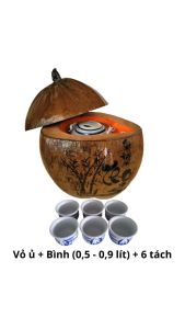 Bộ bình ủ trà trái dừa khắc chữ Thọ tựa thái sơn / Bình trà 04 - 09 lít / Giữ ấm 3 - 6 giờ / Sản phẩm sản xuất thủ công tại Bến Tre