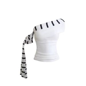 YUEZHONGWEI | เสื้อยืดแขนสั้นไหล่เดียวสไตล์ฝรั่งเศสสำหรับผู้หญิงในช่วงฤดูร้อน เสื้อผ้าทำงานสไตล์เกาหลีทรงสลิมฟิต ลายทาง ปกโปโล แขนสั้น