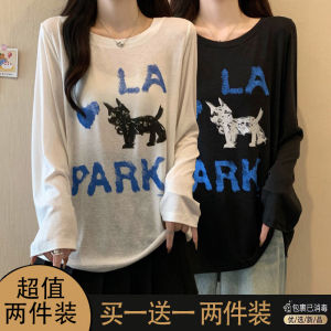 Loose Long Sleeve Graffiti Dog Mask T-shirt Womens Casual Style Polyester Fiber Breathable round Neck Print Top for Autumn