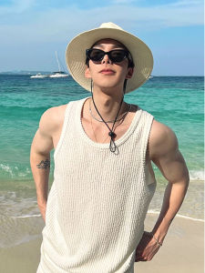 American Style Waffle Jacquard Vest Mens Classy Loose Sleeveless Low Collar T-Shirt Soft Glutinous Breathable Knitting Large Collar Waistcoat