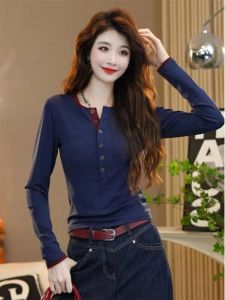 Contrast Color Half-Placket Long Sleeve T-Shirt Autumn Spring