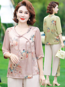 New 2025 Fashionable Mom Summer Clothes Short Sleeve T-Shirt Chiffon Two-Piece Set Middle-Aged And Elderly Womens Loose Fit