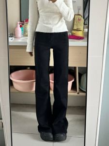 Ultra Long Low Waist Bell Bottom Jeans Womens Draped Non-Matching Leg High Waist Bell Pants Commute Style Water Washed Denim