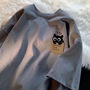 New 2025 Mens Cartoon Print Short Sleeve T-Shirt Lightweight Loose Casual Five-Quarter Sleeve Summer Teenage Student Wear