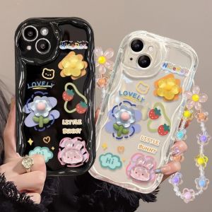 Rixuan Nauxir Case for Vivo Y28 Y18 Y17s Y03 Y27S Y16 Y02T Y02s Y36 Y01 Y35 Y17 Y15 Y11 Y21 Y30 Y15s Y12S Y20s Y91C Y12 Y33s Y15A Cute Cartoon 3D Doll Rabbit Flower Bracelet Soft Floral Case