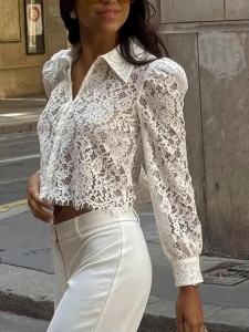 Womens White Lace Collared Blouse Puffed Long Sleeve Cropped Sheer Shirt with Fringe Hem
