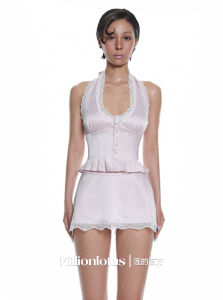 Bộ Váy Ngắn Ren Cổ Treo Màu Hồng Nhẹ Tagkita Bộ Đồ Hai Mảnh Mùa Hè Cho Nữ Thanh Thiếu Niên Phong Cách Pháp Ngọt Ngào