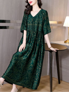 Elegant Silk Long Dress Womens New Style Hangzhou Silk Heavyweight True Silk V-neck A-line Dress Floral Print Commute Wear