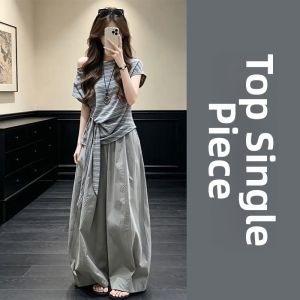 LIRUSHAN | Off-Shoulder Striped T-Shirt Shorts Summer New Arrival Unique Look Wide Leg Pants