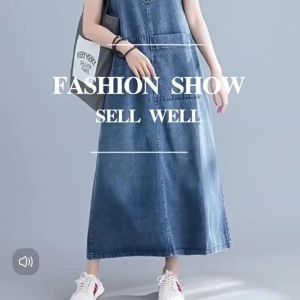 Large Denim Dress for Womens Summer V-neck Sleeveless Loose Casual Mid Length Over Knee Long Skirt