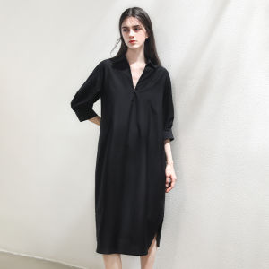 Miccbeirn | ชุดเดรสผ้าไหมคอวี ทรงหลวม แขนยาว 7 นิ้ว สำหรับผู้หญิง ชุดทำงานลำลอง ฤดูใบไม้ผลิและฤดูร้อน ชุดเดรสผ้าไหมคอวี