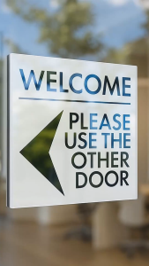 LE Acrylic Sign Welcome Please Use The Other Door Left Right Arrow 4.3 x 4.3 in (3mm) Office Store