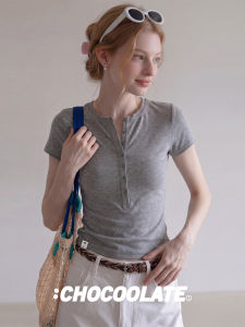 Slimming Simple Short Petite Rejuvenating Korean Style Henley Collar T-shirt