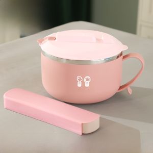 Childrens Food Grade 304 Stainless Steel Soup Bowl with Lid Noodle Bowl Dormitory Use Student Rice Bowl Set of Spoons And Forks