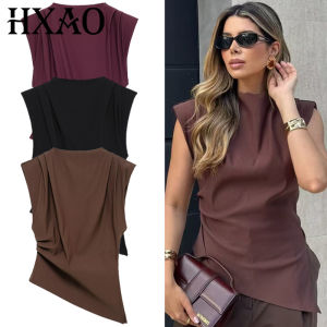 HXAO Womens T-Shirt Pleated Asymmetrical Tops Summer 2025 Black Red Brown Top Women Casual Ruffled Slit Slim Sleeveless T-Shirt