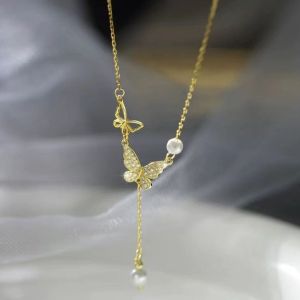 S925 Pure Silver Butterfly Necklace Womens Sweet Pearl Clavicle Chain Fashionable Luxury Minimalist Design Popular Trend