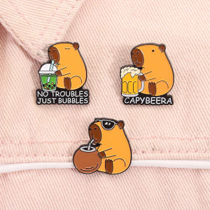 No Troubles Just Bubbles Enamel Pins Kawaii Capybara Drinking Boba Tea Beer Animal Brooch Lapel Badge Jewelry Gifts for Friends