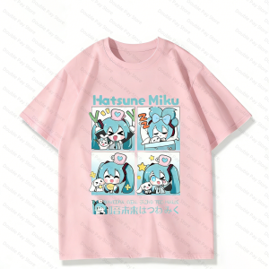 Bandai | Cute Hatsune miku 4-Panel Cartoon T-Shirt Anime Kawaii Graphic Casual Tops Streetwear Kids Tshirt Mens Shirts Woman t-shirts