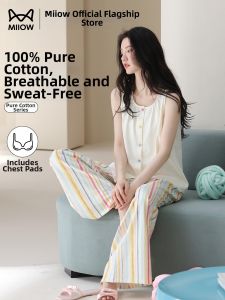 MiiOW | Bộ Đồ Ngủ Bằng Cotton Sọc Tay Không và Quần Dài Có Lót