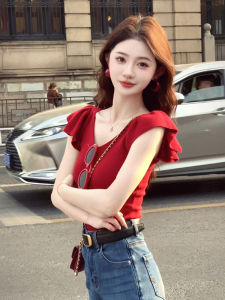 Áo Thun Tay Ngắn Cổ Chữ V Màu Đỏ Cho Nữ Mùa Hè Áo Thun Lụa Băng Ôm Vừa Vặn Thiết Kế Độc Đáo Chất Liệu Cotton Pha Trộn