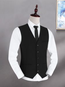 ROMON | Lormen Mens Business Casual Slim Fit Vest Wedding Groomsmen Workwear Summer Thin Polyester Blend No-Button Pure Color Vest