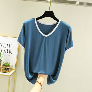 Modal Short-Sleeved T-shirt Womens Summer Thin Inner Match V Neck Bottoming Shirt Loose Plus Size Pure Color Versatile Slimming Top