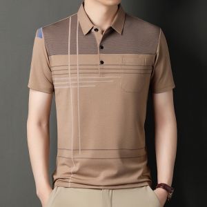 ROMON | Lormen Mens Ice Silk Short Sleeve Polo Shirt Summer Style With Collar Dad Clothes Casual Top Business Gentleman Style Striped Pattern