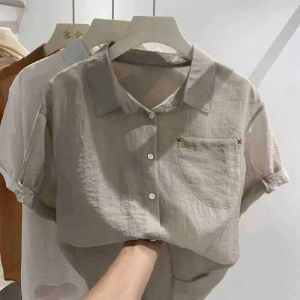 Lightweight Silk Cotton Short Sleeve Shirt Womens Summer Design Sensation Age Reduction French Style Top Trendy Polo Collar