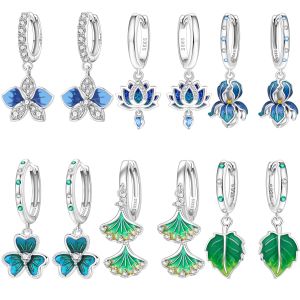 S925 Sterling Silver Earrings Exquisite Blue Flower Green Leaf Earrings Original Fashion Jewelry Birthday Gift For Women