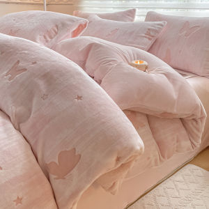 Winter Coral Fleece Bedding Set Cat Person Carved Milk Velvet Three Piece Suite Warm Active Print Plant Floral Design Bedding