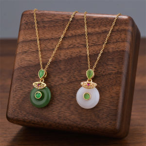 Titanium Steel Vintage Green Agate Pendants Safe Lock Necklace Women Versatile Titanium Steel Jewelry Fashionable Pendant Necklaces