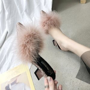 Womens Fashionable Fur Half Slippers Outdoor Wear High Heel Mules Slip-On Shoes Elastic Upper Rubber Outsole Summer 2023