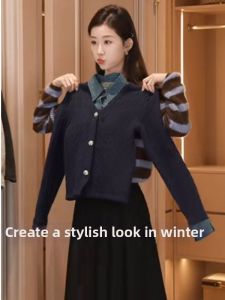 Stylish Elegance False Two-Piece Jeans Knit Shirt