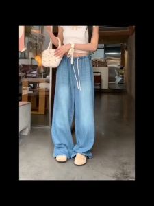 S-6XL Plus Size 22-37 Korean Women Fashion Retro High Waist Denim Pants For Women Drawstring Wide Leg Jeans Casual Pants