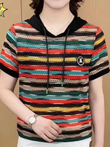 Colorful Striped Hooded Short Sleeve T-Shirt Womens plus Size Summer Top Half Sleeve Shirt Commute Style Straight Tube Type