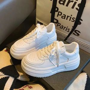 Giày Thể Thao Nữ 2024 Chất Liệu Da PU Trắng Thoáng Khí Kiểu Dáng Thường Ngày Đế Bằng Có Lớp Lót Lưới Gót Thấp