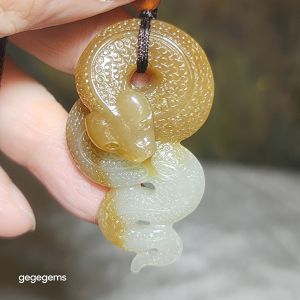 Premium Nephrite caramel brown warm white two tones Snake Jade pendant (with certificate)
