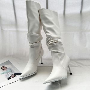 Womens Long Tube Boots White High Heel Slim Heel Autumn Winter Fashion Boots Sharp Point High Tube Boots Youth Rubber Outsole