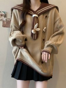 Áo Len Dệt Kim Màu Nâu Khuy Tròn Cổ Thuyền Dài Vừa Phải Cho Nữ Mùa Thu Đông Thường Ngày Thoải Mái Bằng Vải Polyester