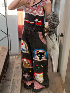 XIBAIYI | Plus Size Cartoon Patchwork Embroidered Bib Overalls