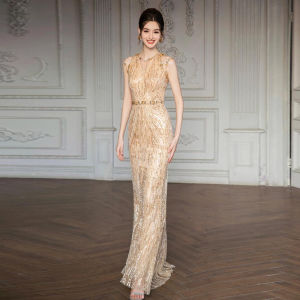 Gold Heavy Work Evening Gown Women Elegant Sequin Bridal Fish Tail Dress Small Luxury Lady Engagement Toasting Costume