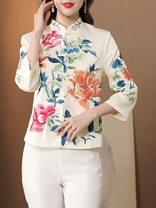 daidai (Ready Stock) Woman White Mid Sleeve Blouse Elegant Vintage Top CNY Cheongsam Oriental 中式绣花上衣女复古唐装女中国风旗袍改良版立领衬衣