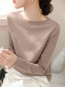 New Autumn Purple Shoulder Bared Five-Quarter Sleeve Knitted Sweater Womens Slim Fit Base Layer Top Korean Style Commute Fashion