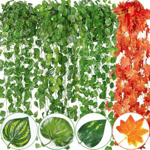 Wholesale Artificial Silk Green Ivy Vine Maple Leaves Rattan Fake Plant Hanging Garland Outdoor Garden New Year Christmas Home Decoration
