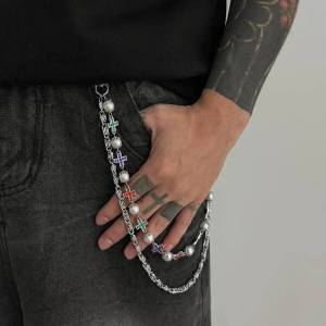 SHIXIN Punk Exquisite Imitation Pearls Rhinestone Chain Pendant Cross Keychain Men Rock Waist Belt Bag Pants Chain Jeans Jewelry